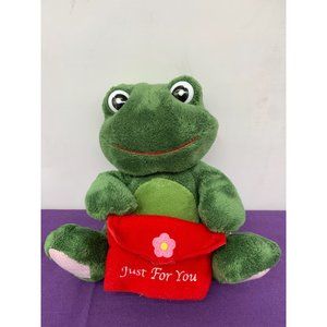 Russ 7 Inch Frog Just For You Envelope Gift Pouch Red Flowers Plastic Eyes Pink